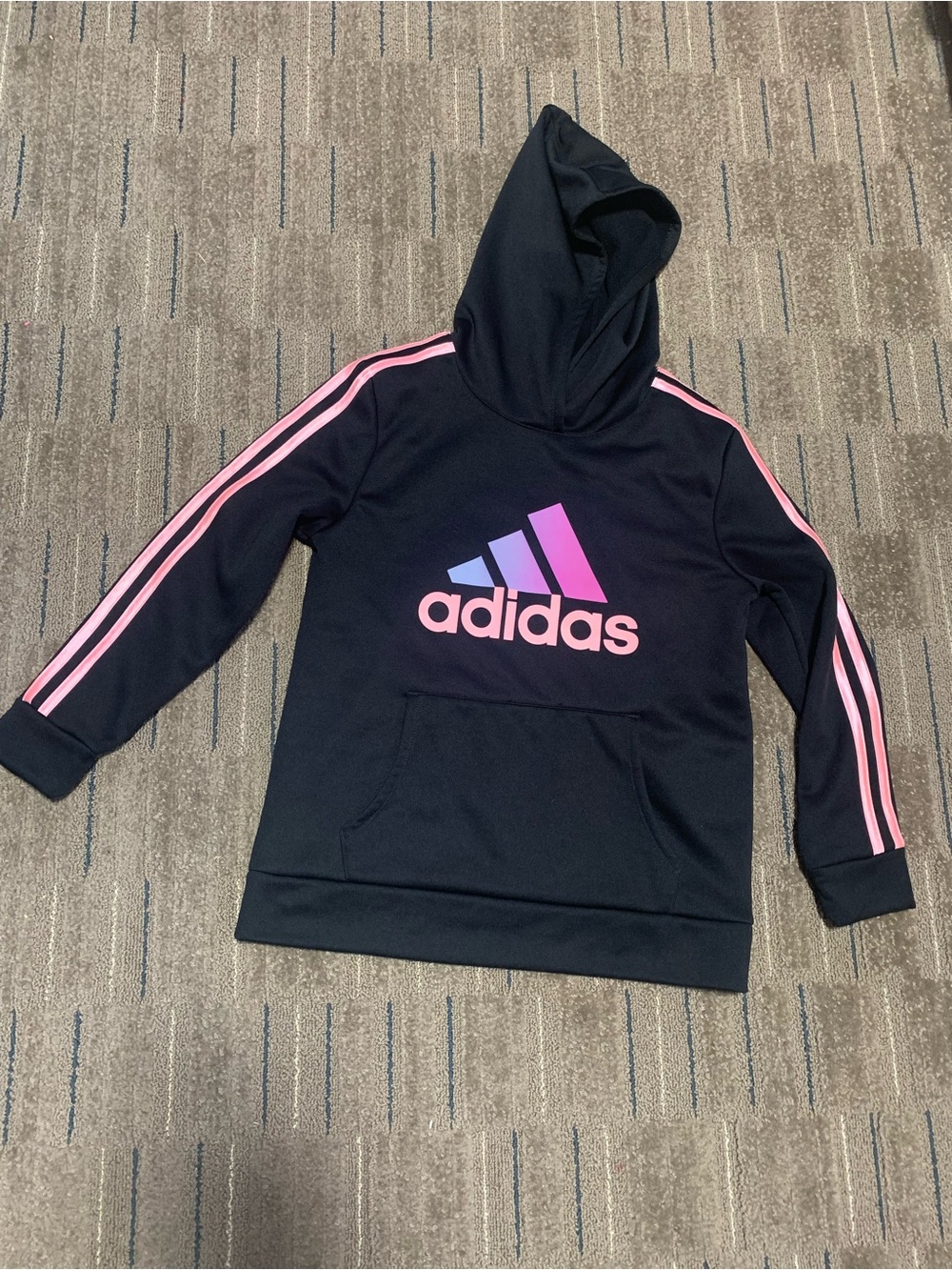 Adidas Youth XL Black Hoodie with Pink Stripes